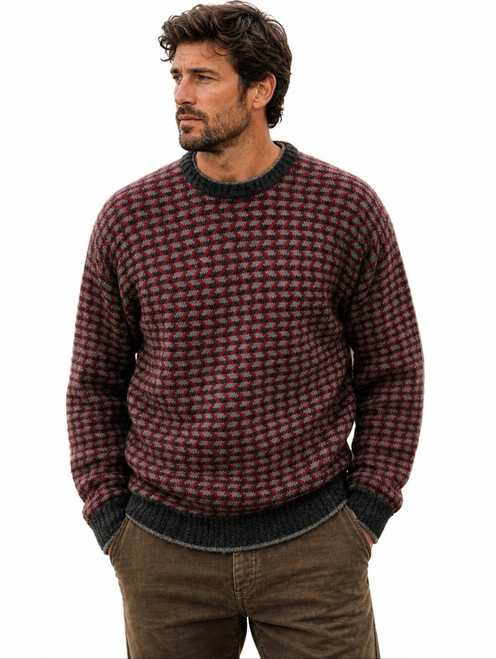 Saddles Vintage Wool Sweater Red Gray Nordic Knit Crewneck Men’s L